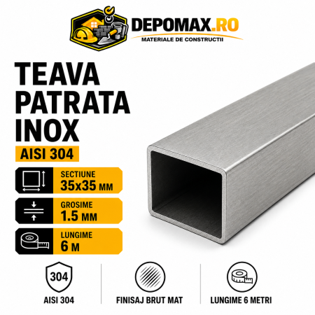 Teava patrata inox AISI 304, 35 x 35 x 1.5 mm, 6 metri